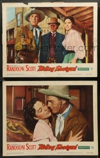1w944 RIDING SHOTGUN 2 LCs '54 Randolph Scott & Joan Weldon embracing!