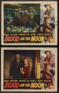 1w628 BLOOD ON THE MOON 4 LCs '49 cowboy Robert Mitchum, Barbara Bel Geddes, Robert Wise, poker!
