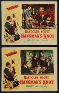1w745 HANGMAN'S KNOT 3 LCs '52 cool image of Randolph Scott romancing Donna Reed as cast looks on!