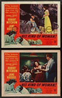 1w746 HIS KIND OF WOMAN 4 LCs '51 Robert Mitchum, sexy Jane Russell, Holt, Burr, Howard Hughes!