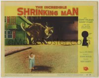 1y143 INCREDIBLE SHRINKING MAN LC #5 '57 special effects image of tiny man fleeing from giant cat!