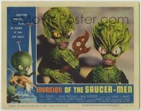1y132 INVASION OF THE SAUCER MEN LC #1 '57 close up of cabbage head aliens holding wacky tool!