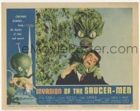 1y131 INVASION OF THE SAUCER MEN LC #5 '57 fantastic close up of cabbage head alien choking guy!