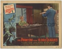 1y116 PHANTOM FROM 10,000 LEAGUES LC #2 '56 wacky image of man pointing speargun at woman at desk!