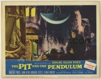 1y195 PIT & THE PENDULUM LC #8 '61 close up of Vincent Price by man on table under giant blade!