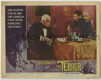 1y209 TERROR LC #3 '63 young Jack Nicholson confronts old Boris Karloff at table, Roger Corman