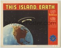 1y107 THIS ISLAND EARTH LC #5 '55 cool image of alien flying saucer in space hovering over Earth!