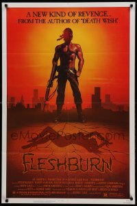 1z417 FLESHBURN 1sh '84 a new kind of revenge, wild art of man with M-16 & sexy silhouette!