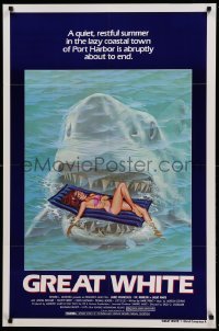 1z425 GREAT WHITE style A 1sh '82 great artwork of huge shark attacking girl in bikini on raft!