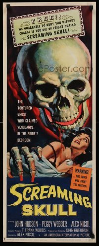 1z047 SCREAMING SKULL insert '58 fantastic art of huge skull & sexy girl grabbed by skeleton hand!