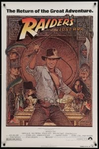 1z311 RAIDERS OF THE LOST ARK 1sh R82 great art of adventurer Harrison Ford by Richard Amsel!