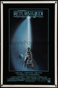 1z313 RETURN OF THE JEDI 1sh '83 George Lucas, art of hands holding lightsaber by Tim Reamer!
