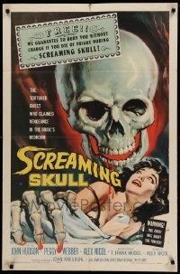 1z476 SCREAMING SKULL 1sh '58 great horror art of huge skull & sexy girl grabbed by skeleton hand!