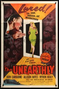 1z494 UNEARTHLY 1sh '57 John Carradine & sexy Sally Todd lured to the house of monsters!