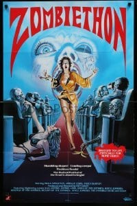1z277 ZOMBIETHON 24x37 video poster '86 Winston art of girl in theater aisle surrounded by ghouls!