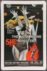 2a143 ASTOUNDING SHE MONSTER linen 1sh '58 art of the beautiful & deadly creature from the stars!