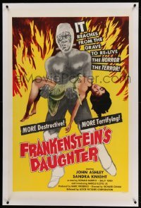 2a161 FRANKENSTEIN'S DAUGHTER linen 1sh '58 full-length art of wacky monster holding sexy girl!