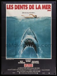 2a057 JAWS French 1p '75 Steven Spielberg, art of classic man-eating shark attacking sexy swimmer!