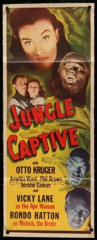 2a142 JUNGLE CAPTIVE linen insert '45 Vicky Lane as the Ape Woman, Rondo Hatton as Moloch the Brute!