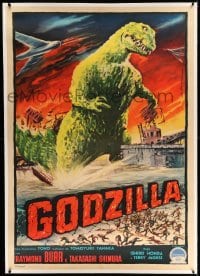 2a119 GODZILLA linen Italian 1p '57 Gojira, Toho, cool different Spagnoli monster art, ultra rare!