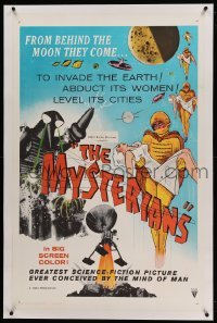 2a179 MYSTERIANS linen 1sh '59 Ishiro Honda, they're abducting Earth's women & leveling its cities!