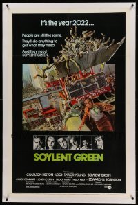 2a188 SOYLENT GREEN linen advance 1sh '73 Solie art of Charlton Heston running from riot control!