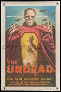 2a192 UNDEAD linen 1sh '57 Albert Kallis art of huge skeleton & sexy Pamela Duncan, Roger Corman!