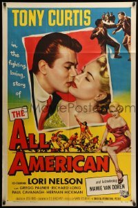 2b024 ALL AMERICAN 1sh '53 Tony Curtis kissing sexy Mamie Van Doren in her first, football!