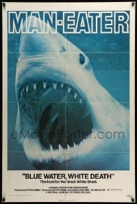 2b096 BLUE WATER, WHITE DEATH 1sh '71 cool super close image of great white shark with open mouth!