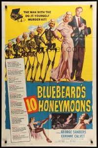 2b097 BLUEBEARD'S 10 HONEYMOONS 1sh '60 wild art of George Sanders with skeleton bride!