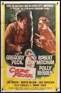 2b119 CAPE FEAR 1sh '62 Gregory Peck, Robert Mitchum, Polly Bergen, classic noir, Terror!