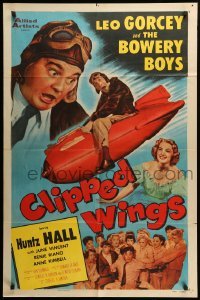 2b142 CLIPPED WINGS 1sh '53 Bowery Boys, wacky image of Leo Gorcey watching Hall riding a bomb!