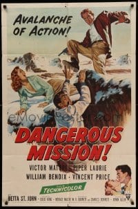 2b158 DANGEROUS MISSION 1sh '54 Victor Mature, Piper Laurie, an avalanche of action!