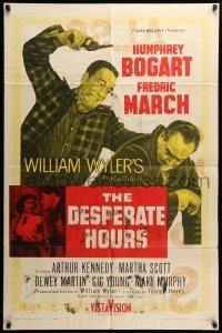 2b176 DESPERATE HOURS 1sh '55 Humphrey Bogart attacks Fredric March from behind, William Wyler