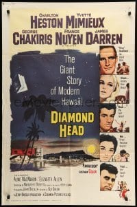 2b183 DIAMOND HEAD 1sh '62 Charlton Heston, Yvette Mimieux, cool art of Hawaiian volcano!