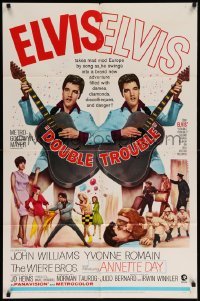 2b192 DOUBLE TROUBLE 1sh '67 cool mirror image of rockin' Elvis Presley playing guitar!