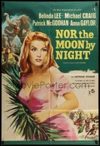 2b632 NOR THE MOON BY NIGHT English 1sh '59 art of sexy Belinda Lee & Michael Craig in Africa!