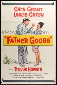 2b223 FATHER GOOSE 1sh '65 art of sea captain Cary Grant yelling at pretty Leslie Caron!
