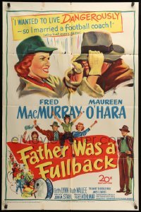 2b224 FATHER WAS A FULLBACK 1sh '49 art of Fred MacMurray & pretty Maureen O'Hara, football!