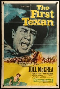 2b234 FIRST TEXAN 1sh '56 great close up image of cowboy Joel McCrea, plus sexy Felicia Farr!
