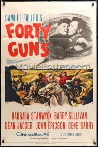 2b247 FORTY GUNS 1sh '57 Samuel Fuller, art of Barbara Stanwyck & Barry Sullivan on horseback!