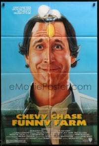 2b260 FUNNY FARM 1sh '88 smiling Chevy Chase w/egg on his face by Steven Chorney!