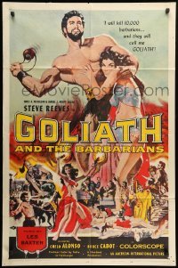 2b281 GOLIATH & THE BARBARIANS 1sh '59 art of Reeves protecting Chelo Alonso by Reynold Brown!