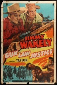 2b299 GUN LAW JUSTICE 1sh '49 great art of cowboy Jimmy Wakely with gun, Dub Taylor & outlaws!
