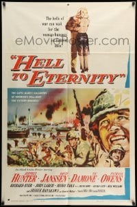 2b324 HELL TO ETERNITY 1sh '60 art of WWII soldier Jeffrey Hunter in battle & with Patricia Owens!