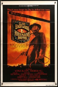 2b333 HIGH PLAINS DRIFTER 1sh '73 classic art of Clint Eastwood holding gun & whip!