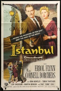 2b407 ISTANBUL 1sh '57 Errol Flynn & Cornell Borchers in Turkey's city of a thousand secrets!