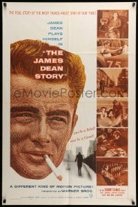 2b416 JAMES DEAN STORY 1sh '57 cool close up smoking artwork, was he a Rebel or a Giant?