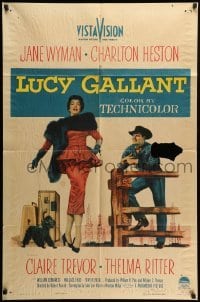 2b533 LUCY GALLANT 1sh '55 full-length image of sexy Jane Wyman walking dog, plus Charlton Heston!