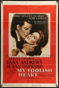 2b599 MY FOOLISH HEART 1sh '50 close up of Susan Hayward & Dana Andrews, written by J.D. Salinger!